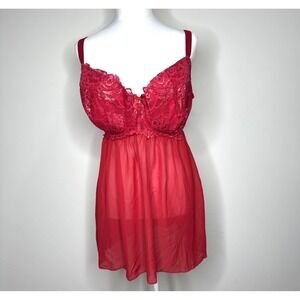 Cacique Lingerie Set 42DDD Red Sexy Baby Doll Nightie Gown G String‎ Plus NEW